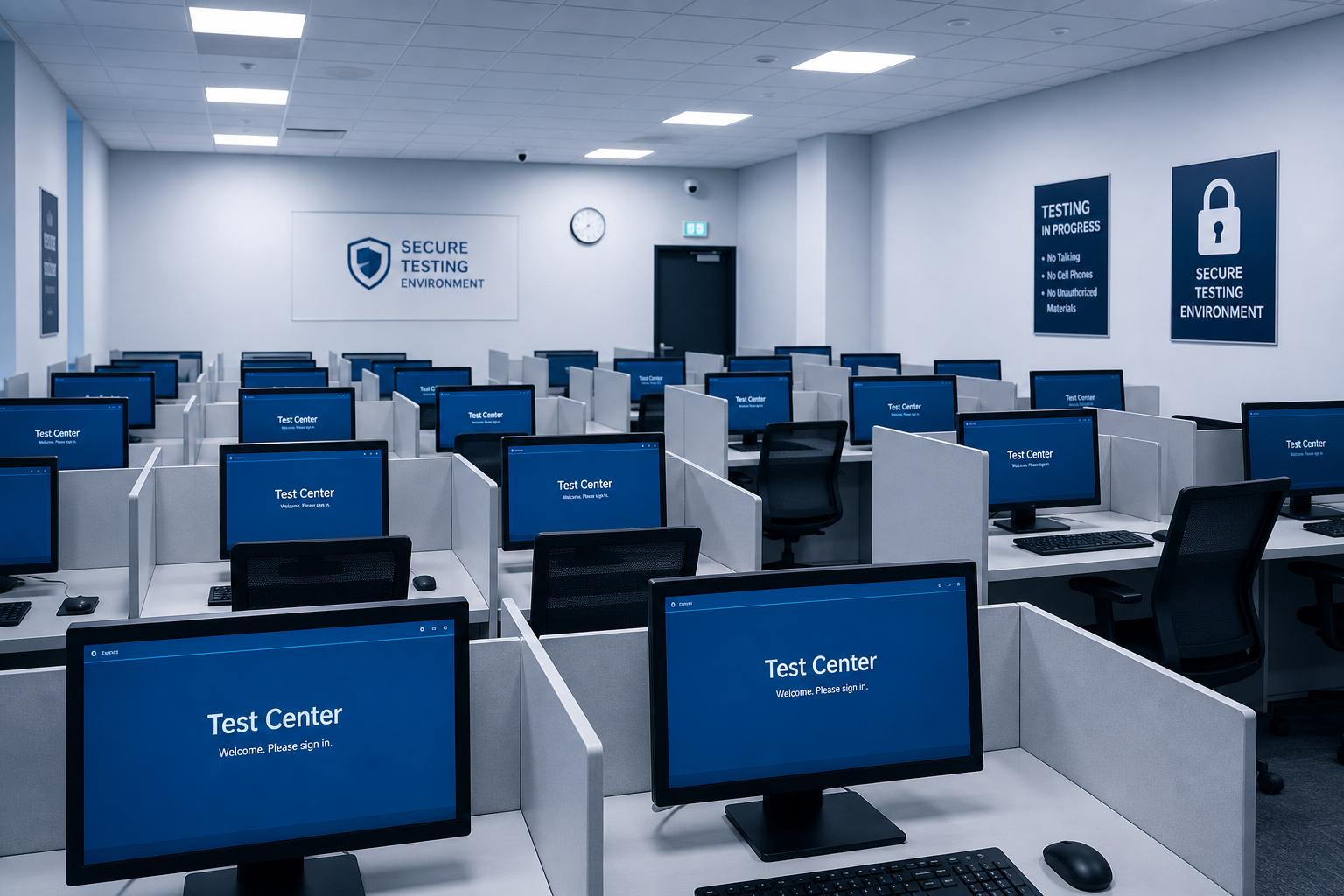 Secure physical exam center with monitored computer systems